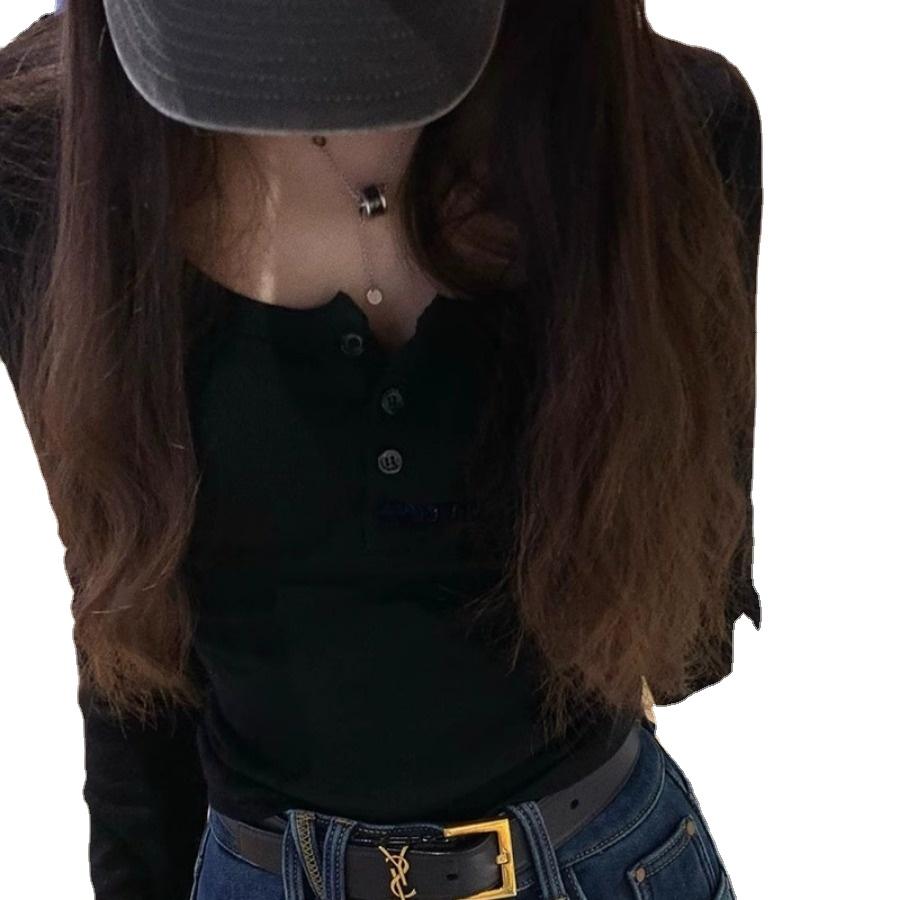 Sleeve Buttons Retro Vneck Long Rib Knit Tshirt Womens Early Autumn Thin Slim Basic Tees Top