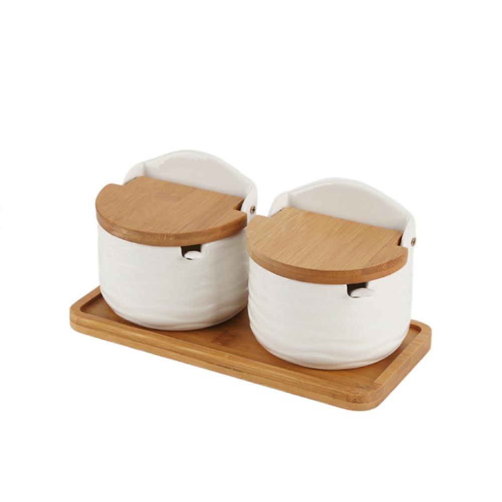Serving Spoon Ceramic Seasoning Jar Set Bamboo Lid Kitchen Condiment Container  Counter