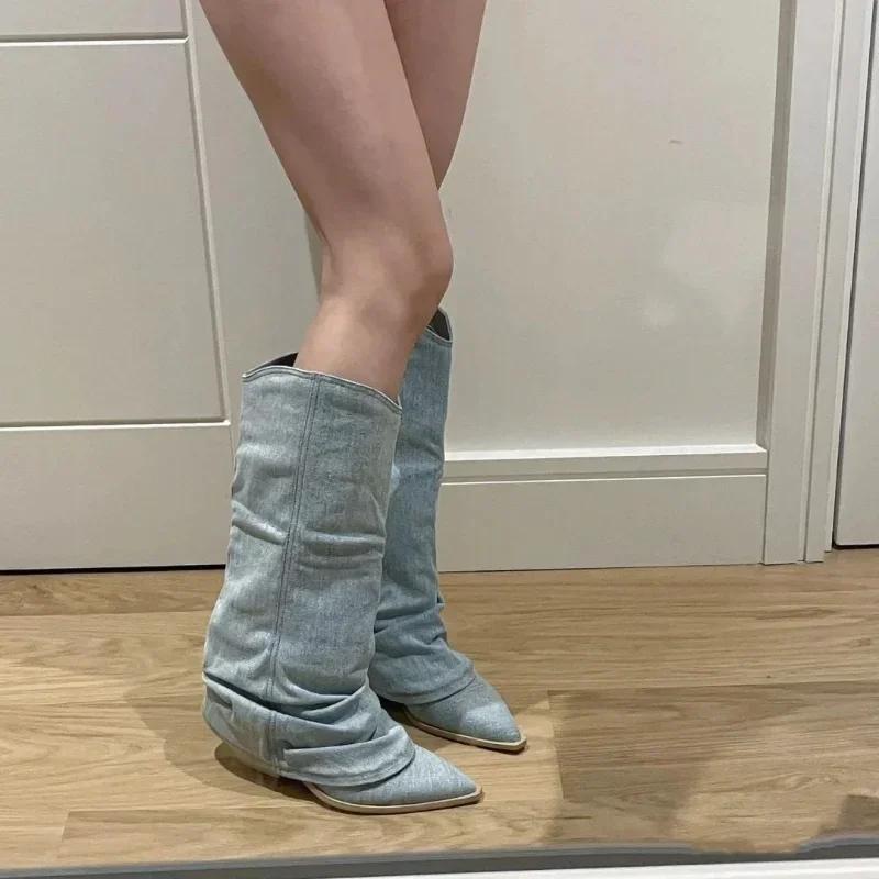 Fashion Pointed Toe High Heel Trouser Tube Boots New Female Western Cowboy Knight Boots Denim Splicing Street Style Sewing Fashion Shoes