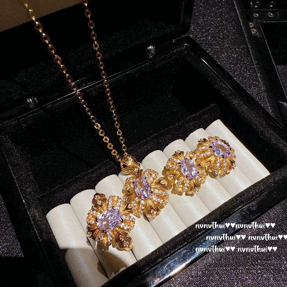 Austria Bauhinia Gemstone Earrings & Filigree Zircon Necklace Set