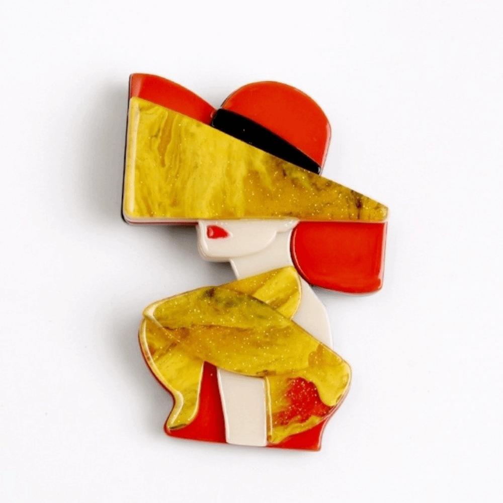 Cartoon Lady with Hat Brooch Acrylic Girl Badge Retro Women Portrait Pin