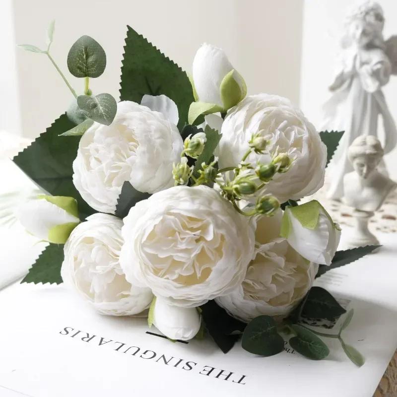 30cm Rose Pink Silk Peony Artificial Flowers Bouquet 5 Big Head and 4 Bud Cheap Fake Flowers for Home Wedding Decoration Indoor