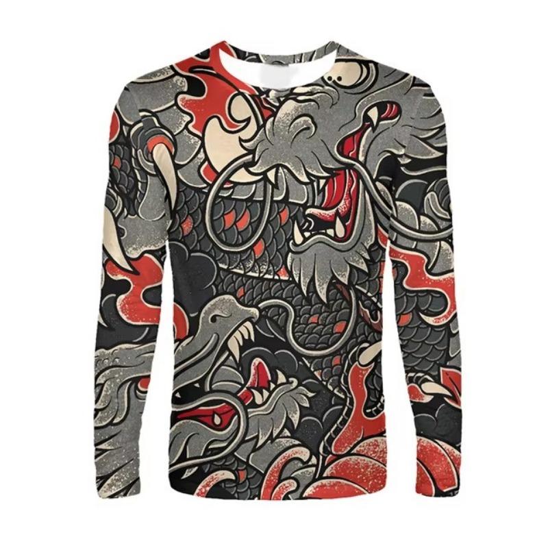 Heren Lange Mouw Chinese Draak Ronde Hals Cartoon 3D Harajuku Bedrukt Modieus En Gepersonaliseerd Oversized Los T-shirt Top