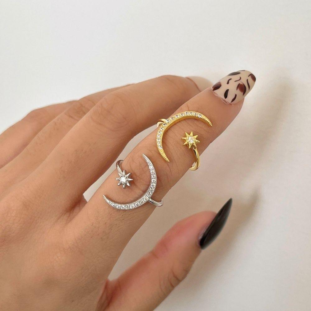 Zinc Zinc Alloy Star Moon Opening Rings Rhinestone Crescent Moon Ring Retro Couple Ring Friend