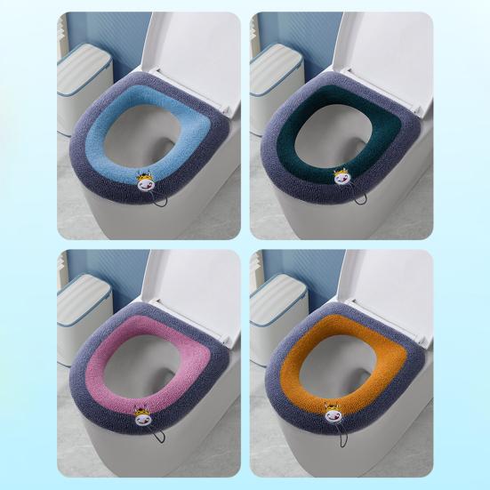 Toilet Seat with Embroidery Handle Soft Warm Knitted Fabric Reusable Washable O-Shaped Fit Non-Slip Elastic Band Toilet Seat Pad