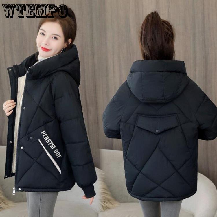Winter Baumwollkleidung Damen Baumwollkleidung Damen Kurze koreanische lose Kapuze verdickte bedruckte Daunenbaumwollmanteljacke
