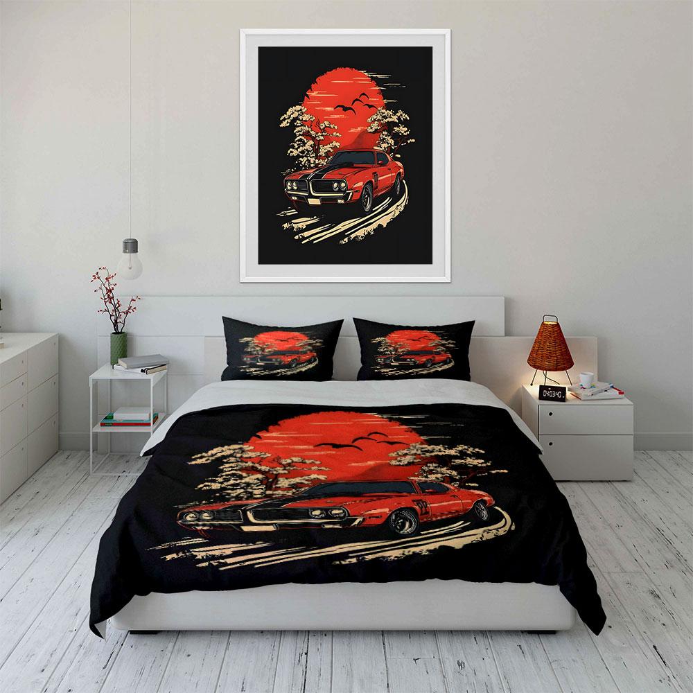 Retro Classic Car with Red Sunset Bedding Duvet Cover Set (1*Duvet Cover 2*Pillowcases, Without Duvet Insert)