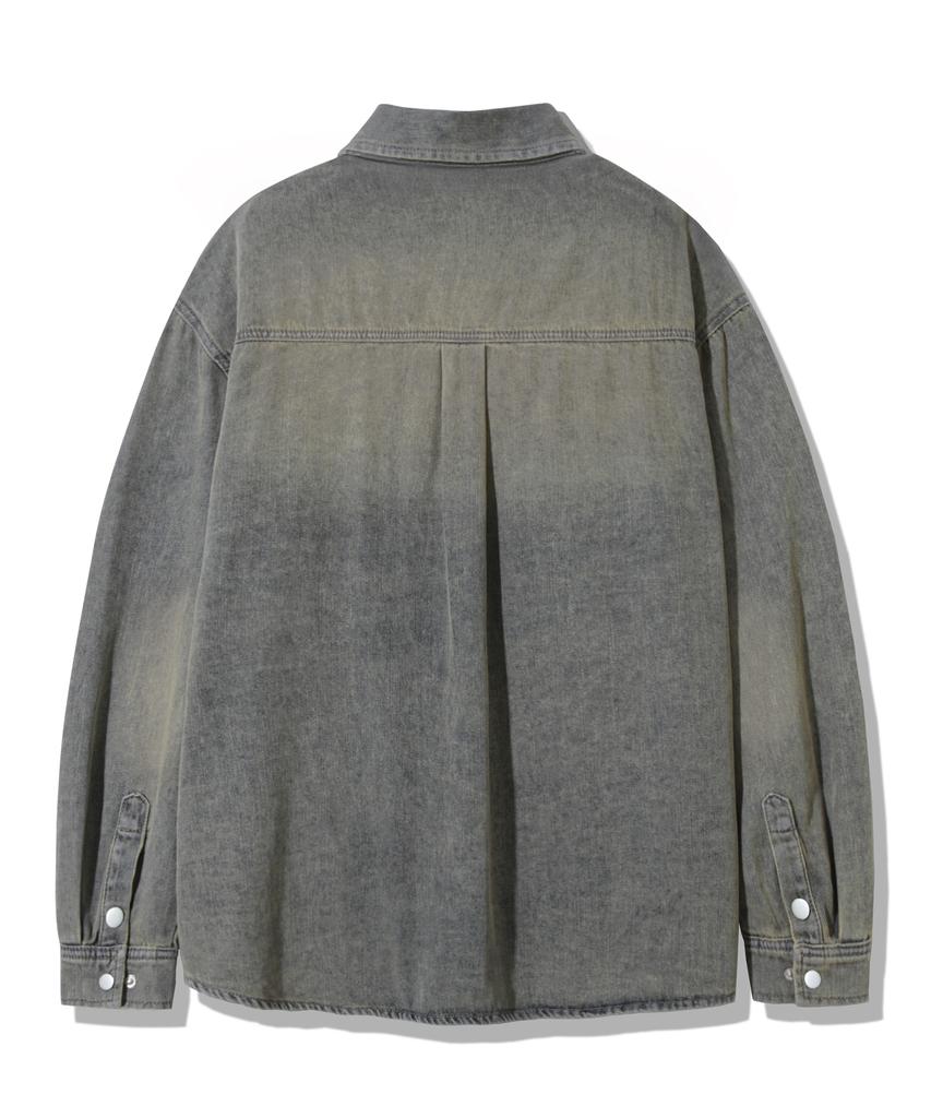 TRILLION Leather Patch Oversized Work Denim Long Sleeve Shirt_Sand Blue
