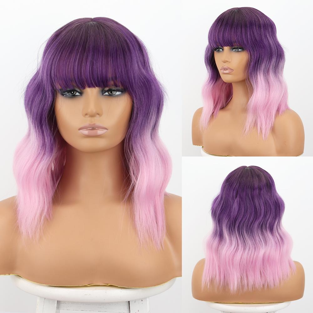 MISS WIG Brown Wavy Bob Wigs For Women Synthetic Wigs With Bangs Natural Hair Wigs Heat Resistant