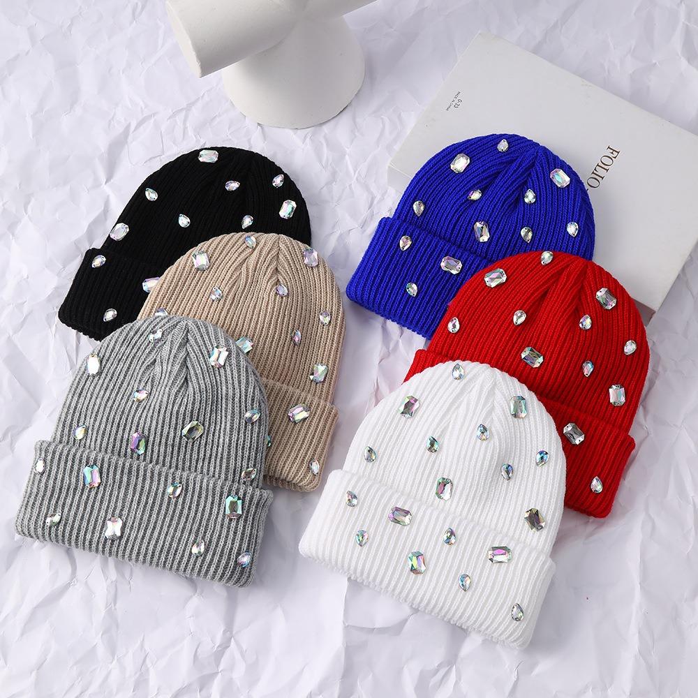 Solid Color Beanie Hat Rhinestone-embellished Skull Cap Fashionable Pullover Knit Cap Autumn