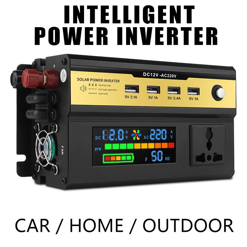 Pure Sine Wave Inverter 500W/1200W/1600W/2200W Car Inverter DC 12v/24v To AC 220V Voltage Transformer Power Converter Solar Inverter LCD Display 4 USB