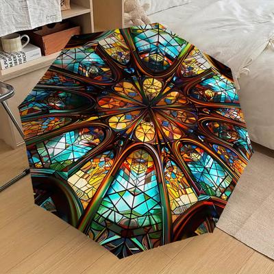 1PC Stained Glass CathedralAutomatic Open/Close Umbrella with Windproof, 8-Rib Sturdy Canopy, Durable Ribs, Fashionable Design1215A