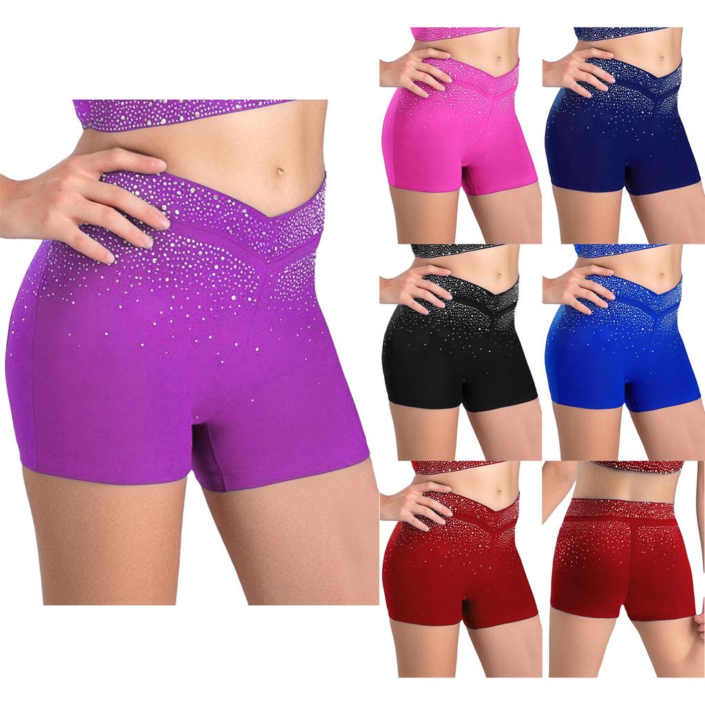 Kids Sparkle Rhinestone V Front High Waist Elastic Shorts for Skating Dance Gymnastics Acrobatics Competition Stage Performance