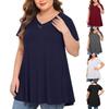 Plus Size Women's V Neck Button Short Sleeve Pullover Solid Color Loose Fit Tunic Top Casual Summer Blouse