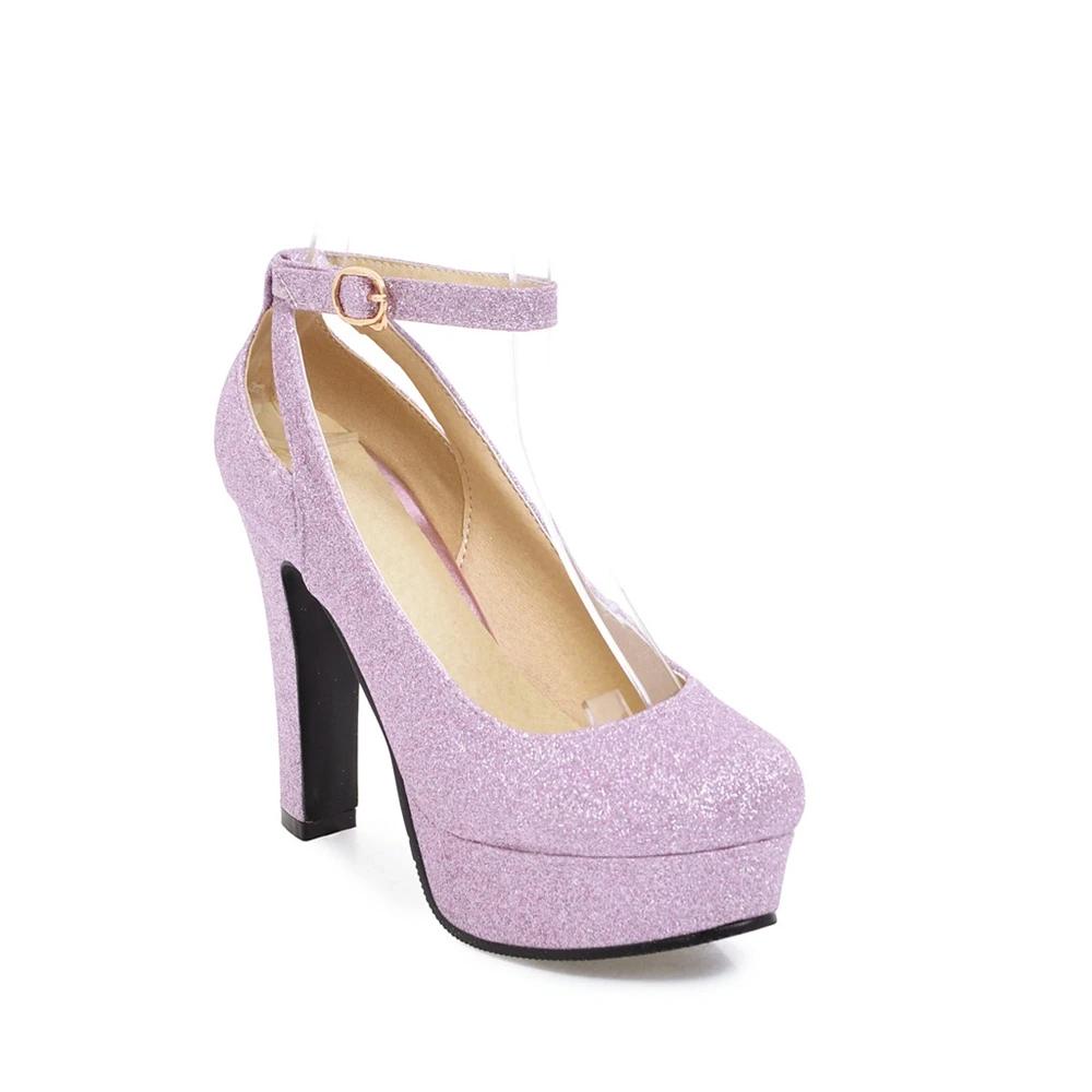 Talons hauts à bride cheville Sexy Escarpins pour femmes Tissu à paillettes brillantes Plateforme épaisse Chaussures de soirée pour femmes Boucle Découpé Violet