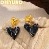 DIEYURO 316L Stainless Steel Golden Fold Irregular Creative Black Heart Dangle Earrings Lady Classic Ear Studs Jewelry Glamorous