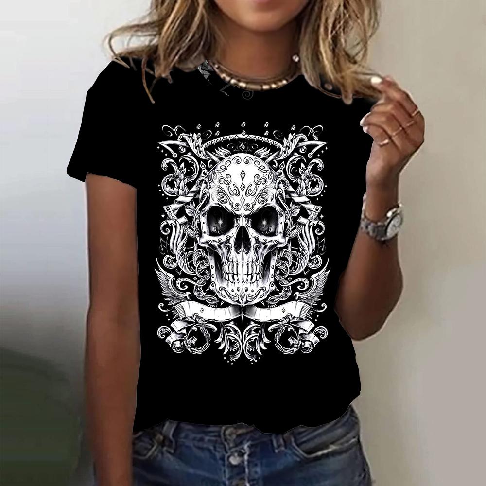 Mote Dame T-skjorter 3D Skaller Vinger Trykk Korte Ermer T-skjorter Sommer Hverdagstrend Dameklær Løse Topper Streetwear
