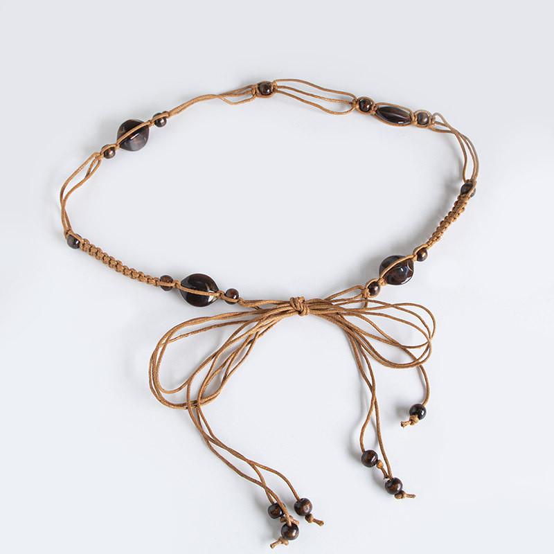 Bohemian Cotton Hemp Waist Belt For Casual Vacation Wear With Wooden Beads And Tie Closure