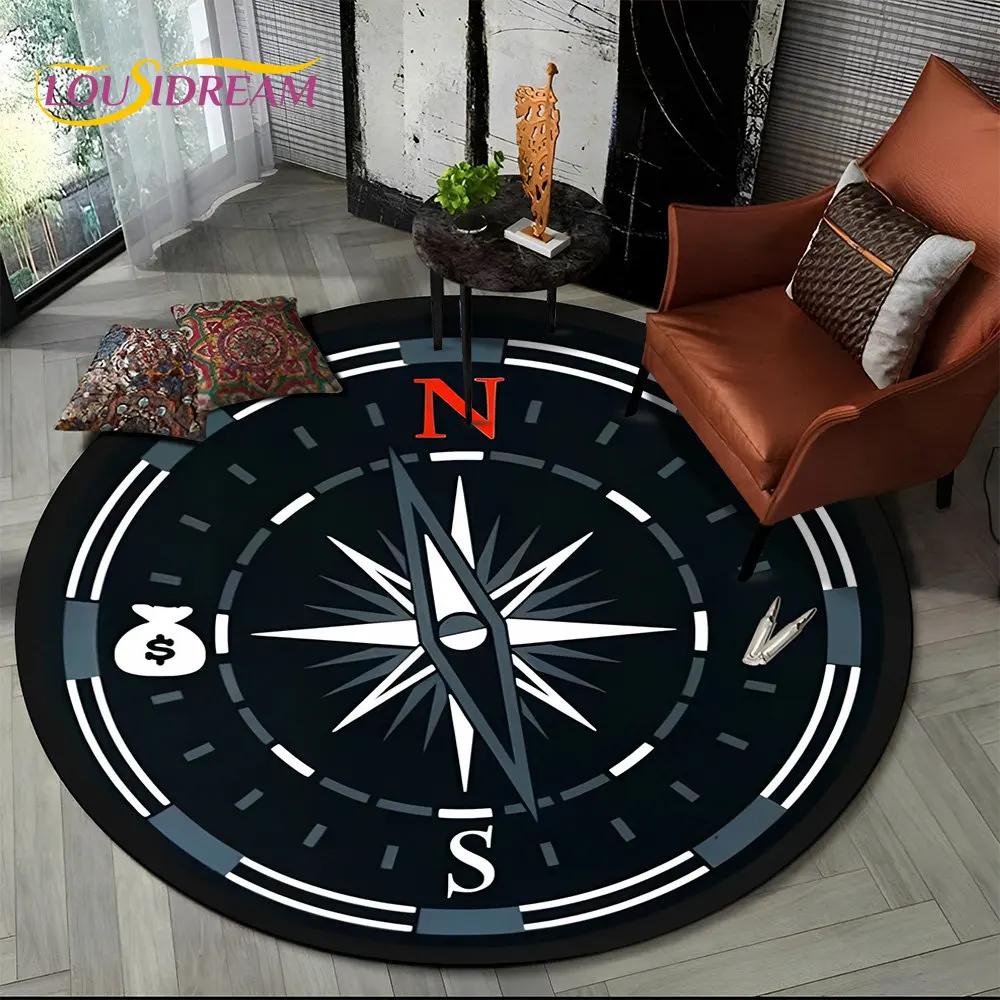 Tapis Rond Série Boussole Rétro 3D, Tapis Rond pour Salon Chambre Canapé Coussin de Pied Décor Tapis de Sol Antidérapant Cadeau