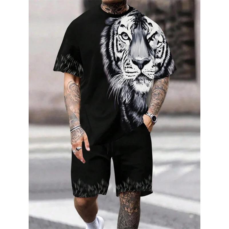 2025 New Lion King 3D Printed Men's Summer Animal Print Relaxed Fit Short Sleeve & Shorts 2-Piece Casual Sport Outfit Set