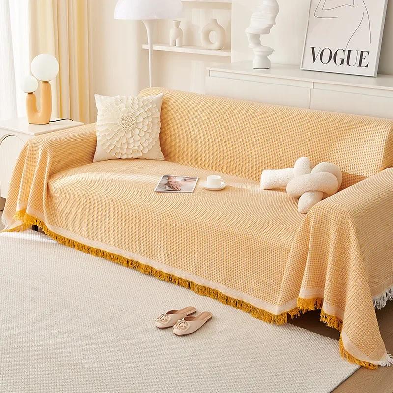 Woven Cotton Sofa Furniture Cover Blanket Simple Hued Non-slip Sofa Towel for Living Room Furniture Decor Tapestry Couch Cover With Tassel