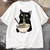 Camiseta Gato Ramen Macarrão Camisetas Amante de Comida Camisetas Gato Preto Macarrão Camiseta Retrô Casual Manga Curta para Homens Mulheres Roupas