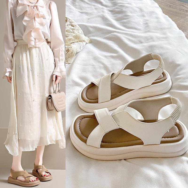 Female Sandal Comfort Shoes for Women Clogs with Heel Cross 2024 Summer Muffins Shoe Girls Beige New Velvet Thick Low Beach Fash