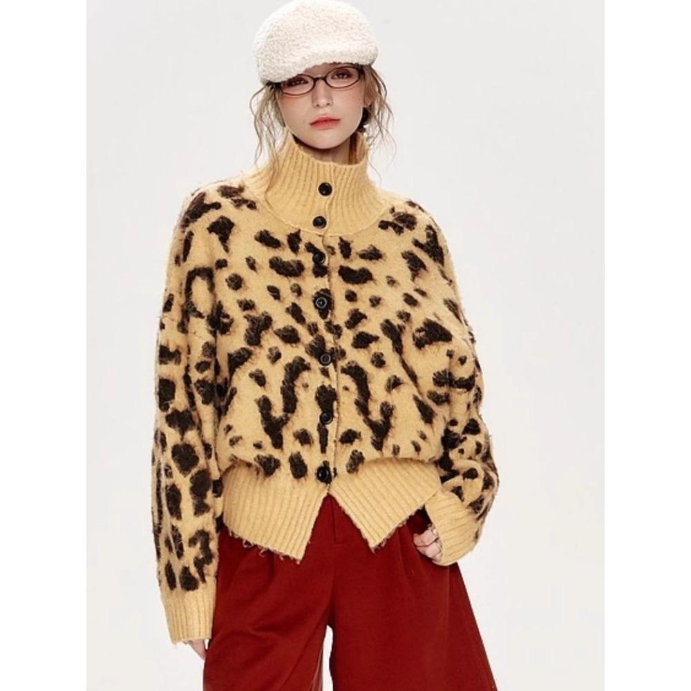 Pullover Cardigan Herbst Damen Leopardenmuster Rundhals Pullover Strick Lockerer Pullover