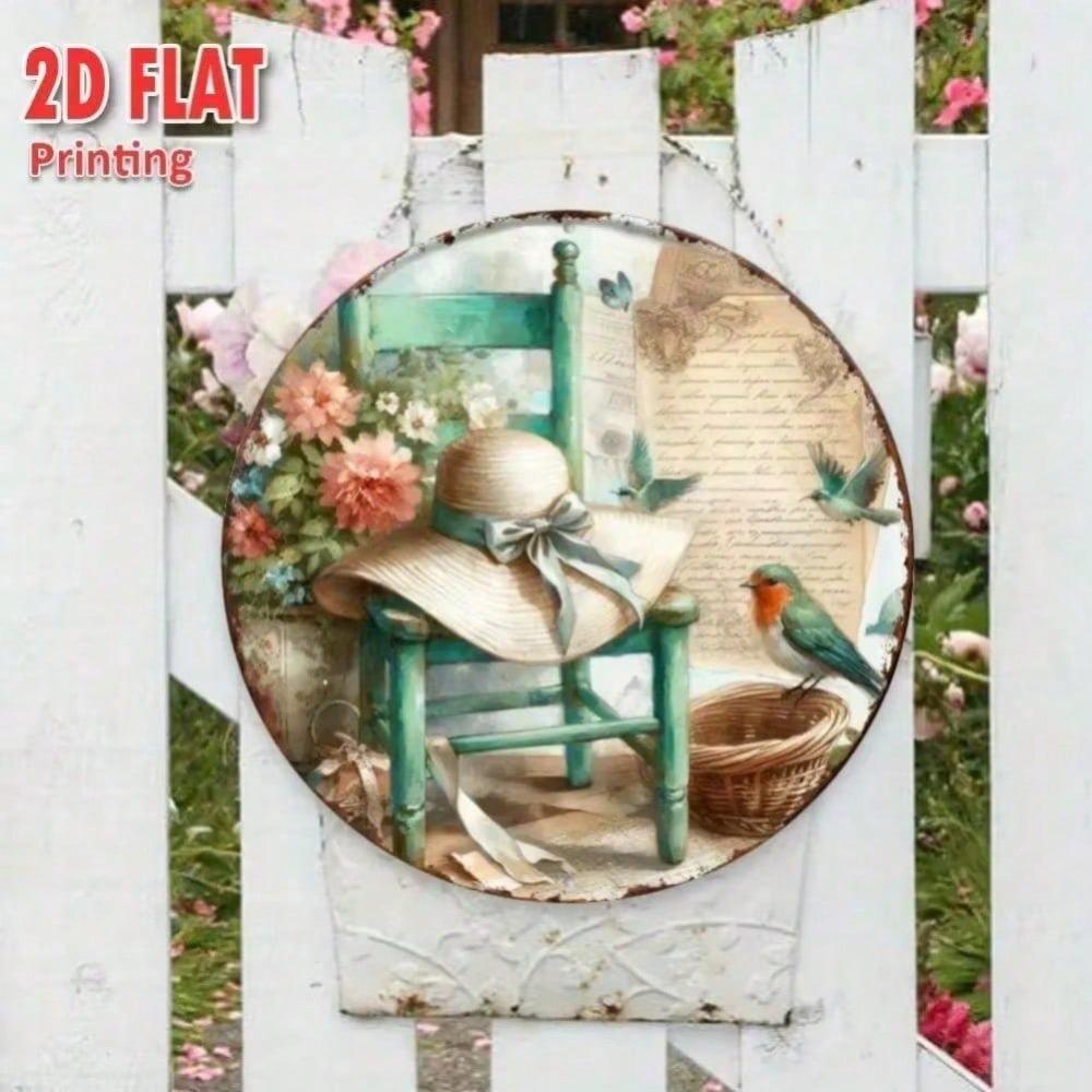 Tin Sign Straw Hat with Bird & Floral Art, Waterproof Metal Poster for Home Wall Decor