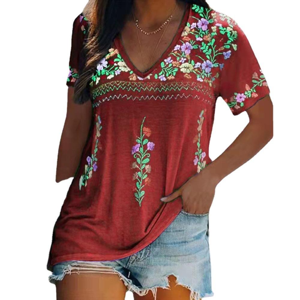T-shirt Women Summer Floral Printing V-neck Short Sleeve Ethnic Style Women's Tshirts