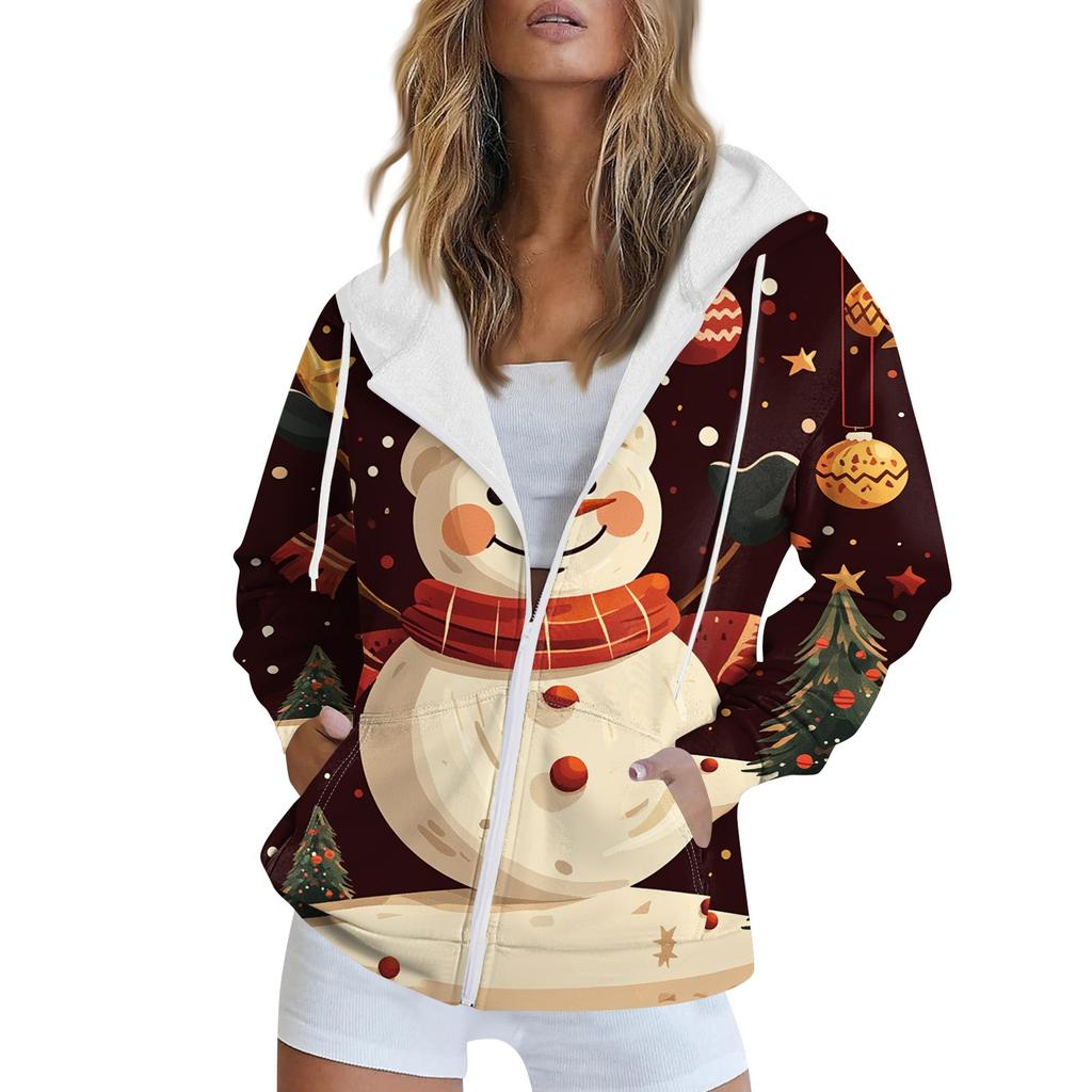 Women's Christmas Printed Sweatshirt Winter Long Sleeve Cardigan Jacket With Pockets Zipper Hoodie Outerwear