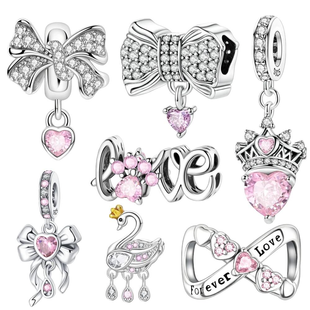 Copper Sparkling Pink Heart Zircon Bead Charms Swan Crown Dangle Charm Fit Original Bracelet Women Diy Jewelry Gift