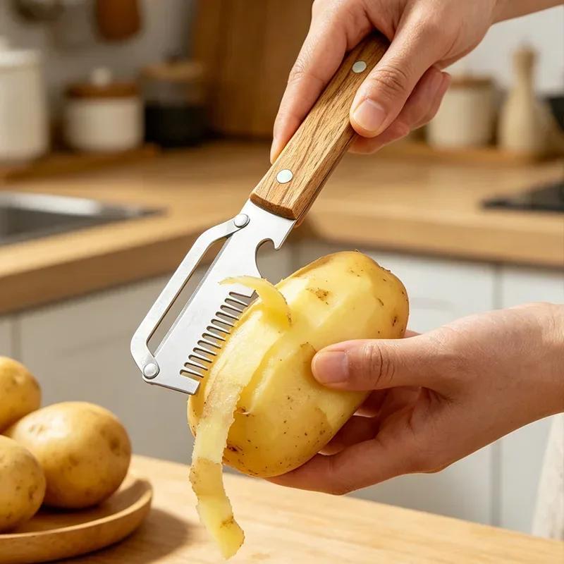 Éplucheur de cuisine domestique en acier inoxydable avec manche en bois pour peler et trancher fruits et légumes - Outil de cuisine