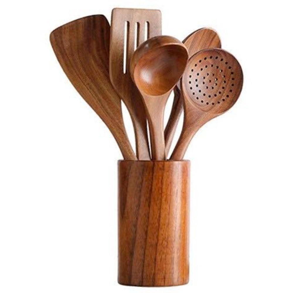 4-8pcs Wooden Cooking Spoon with Storage Bucket Natural Material Kitchen Utensils Set Durable Unbreakable Kitchen Shovel Set