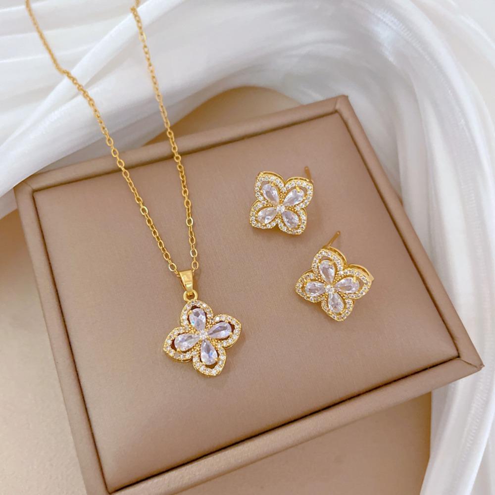 Modisches Elegantes Leichtluxuriöses Vollzirkon Exquisites Elementstil Kupfer Mikro-Inlay Ohrringe Halsketten Set