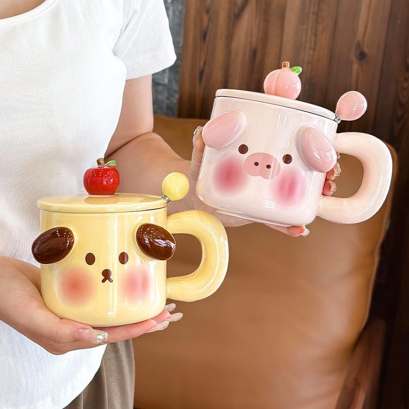Schattige Mok met Deksel Lepel Creatief Koppels Cadeau Keramische Kop Meisjes Thuis Kantoor Koffie Water Kop Mannen