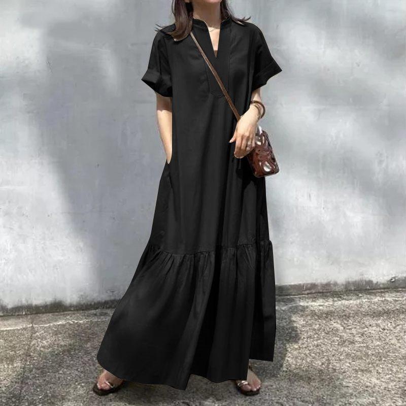 Women'S V-Neck Long Shirt Dress Casual Short Sleeve Loose Slit Dress