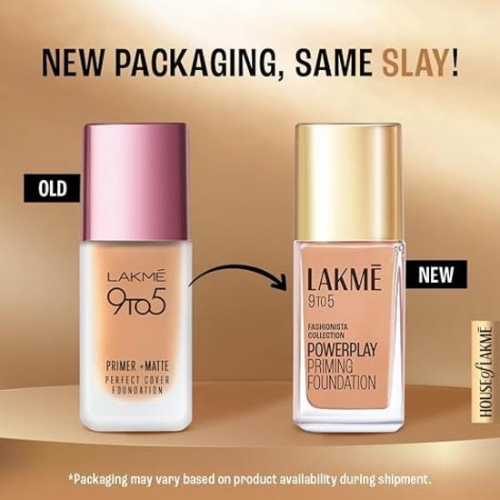 LAKME פריימר 9 עד 5 + מייקאפ נוזלי כיסוי מושלם מט, כיסוי מלא, מכיל פריימר מובנה למראה עור חלק ללא נקבוביות, עמיד לאורך זמן, שנהב קריר, 25 מ"ל