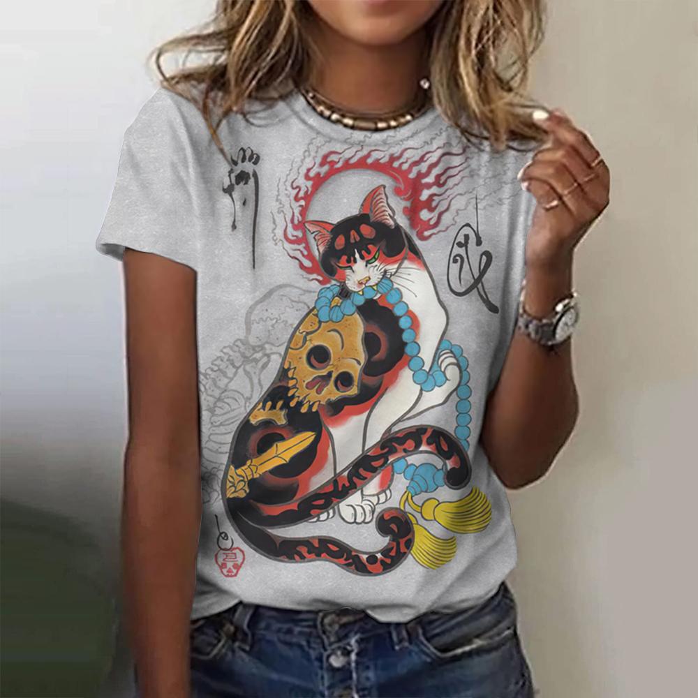 T-shirt da Donna Estiva Girocollo Moda Stampata Cartone Animato Top Casual Ampio Retro Harajuku Manica Corta
