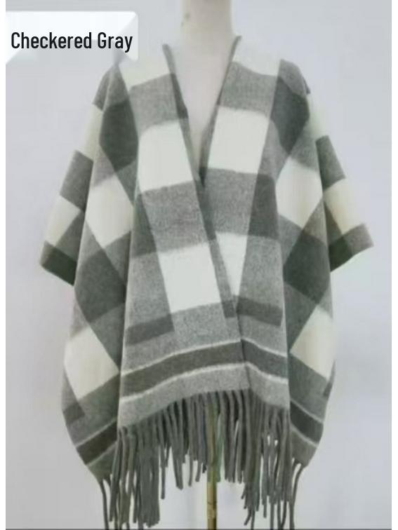 Elegant Ethnic Ink Painting Cape Shawl with Tassels - Versatile Travel Scarf Cloak