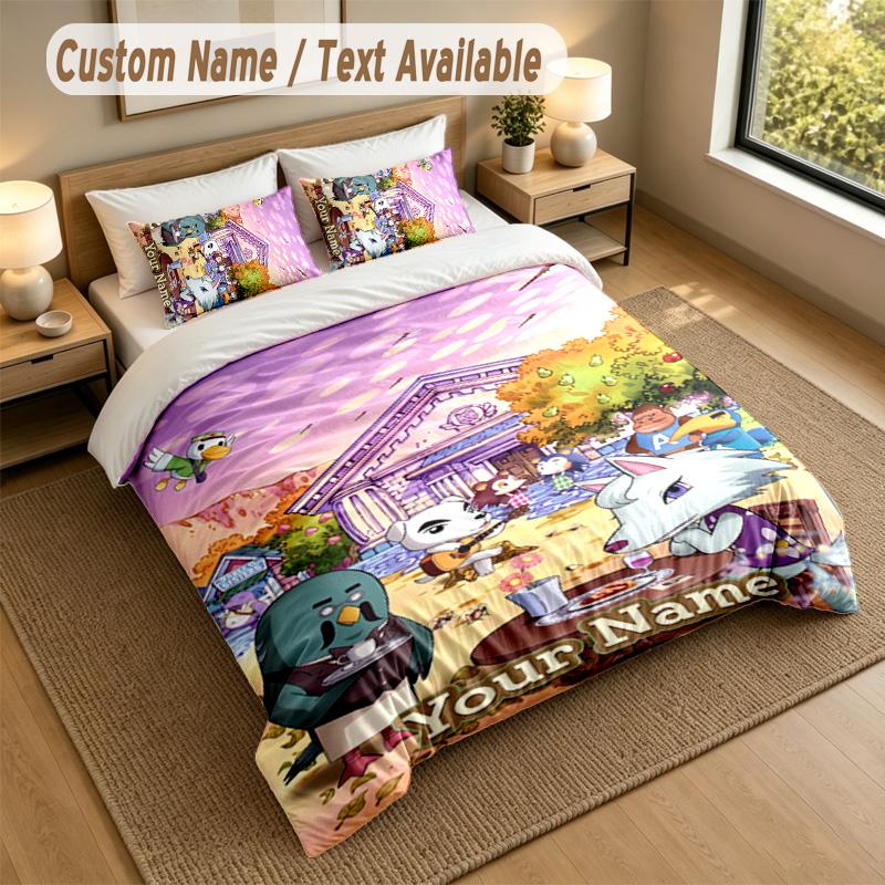 3Pcs Bedding Set Custom Name Text, 1 Sheet 2 Pillowcases Home Bed DecorAnimal Crossing
