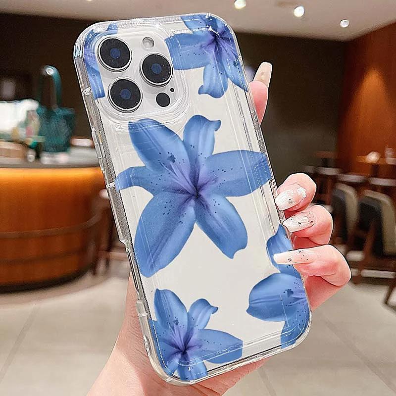 Elegant Blue Lily Pattern TPU Phone Case For iPhone 16 14 Pro Max 13 12 11 Pro Max 14 15 Plus XS XR X 16E 7 8 Plus Back Cover