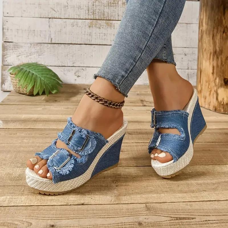 Wedges Platform Women Sandals Summe Straw Weaving Thick Sole Denim Slippers Fashion Casual Double Buckle Strap Sandal