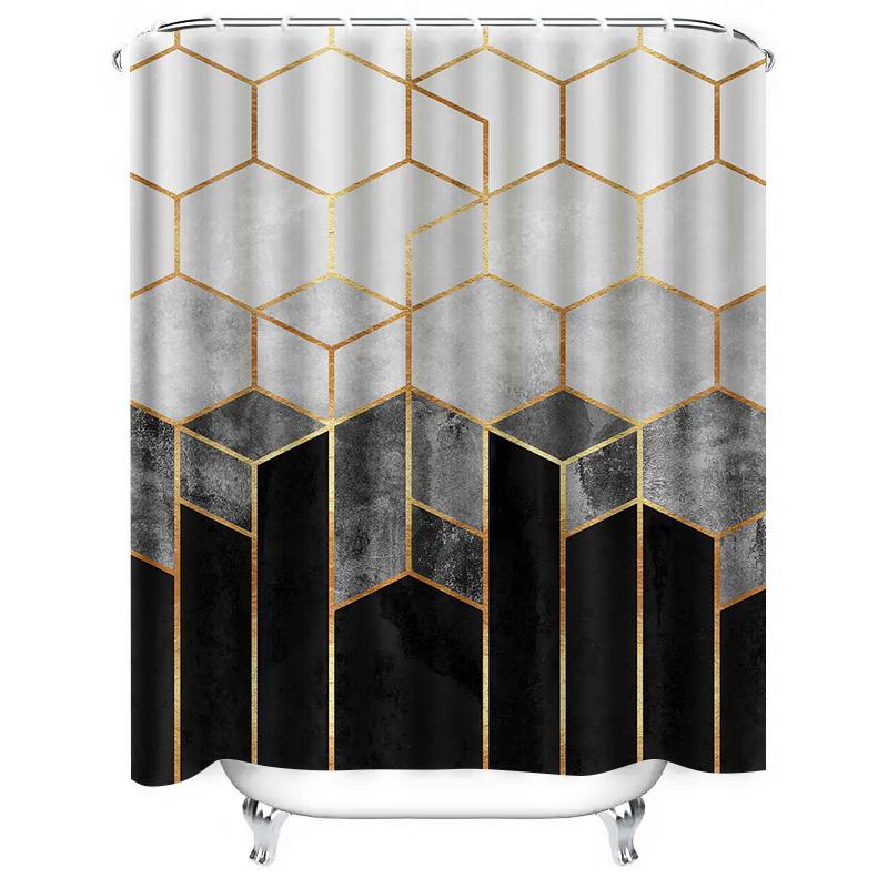 Modern Geometric Hexagon Shower Curtain Set Elegant Metallic White Black Design with Water-Resistant Fabric for Bath Decorations
