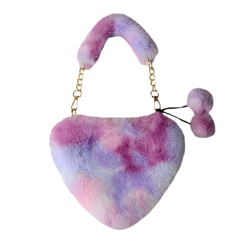 Color Love Plush Bag Single Shoulder Underarm Women's Bag New Peach Heart Bag Crossbody Strap Chain Handbag