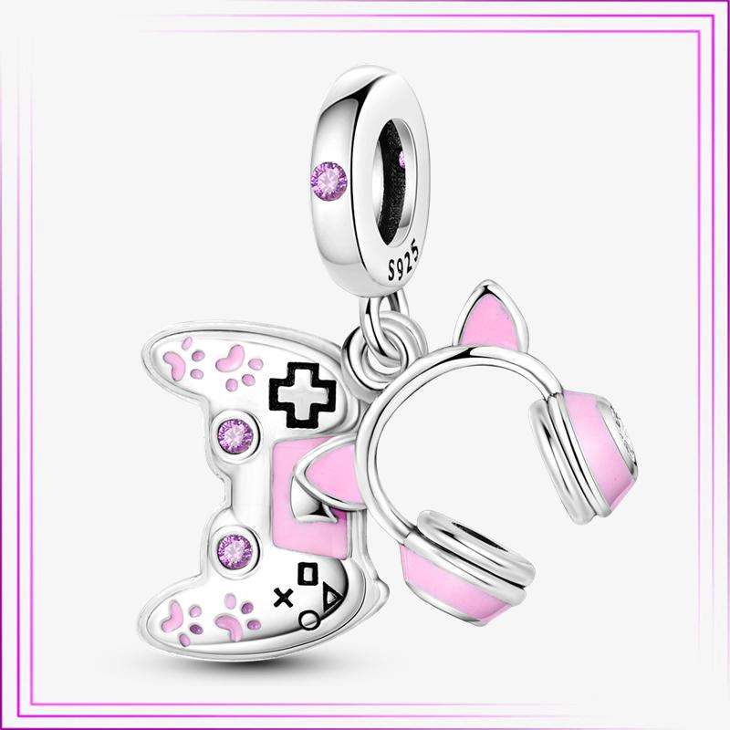 Ciondolo Cuore Fiore Argento Sterling 925 Rosa Fenicottero Palloncino Perline Gatto Car in Argento di Legge Per Nuovo Bracciale