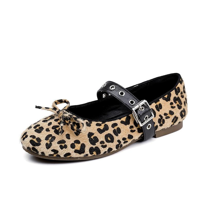 Fashion 2025 Spring Horse Hair Ballerinas Woman Leopard Bowtie Flats Shoes Leather Buckle Strap Mary Janes Ladies Ballets Furry Loafers