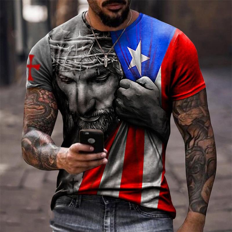 Jesus Christ Pattern T Shirt For Men American Flag 3D Printed Short Sleeve Tops Summer Casual Round Neck Loose Tee Shirts