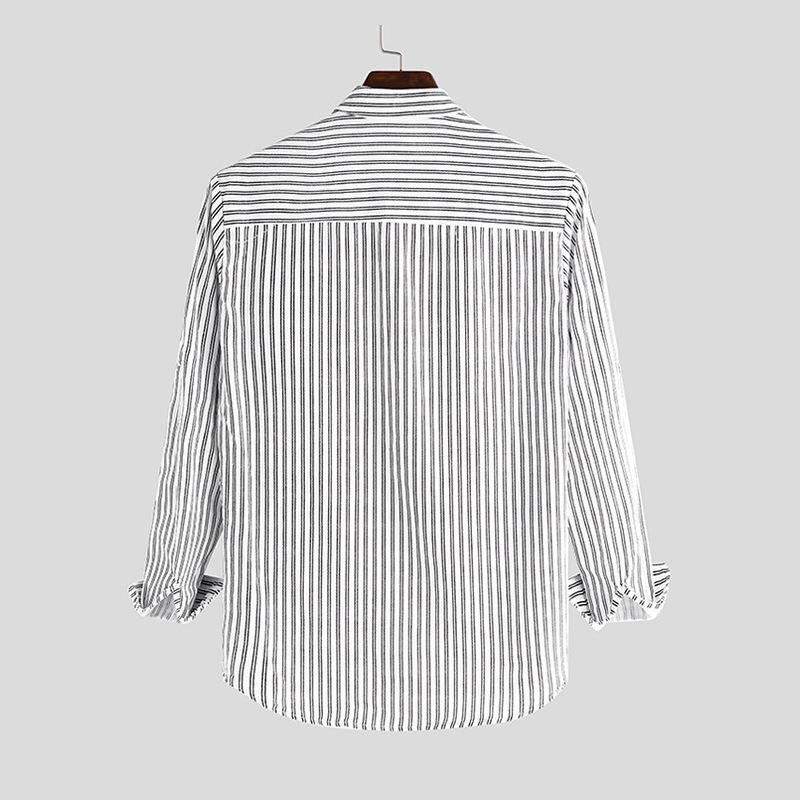 Camicia da uomo a maniche lunghe a righe retrò primaverili e autunnali Camicia casual con colletto rialzato Camicia in cotone sciolto