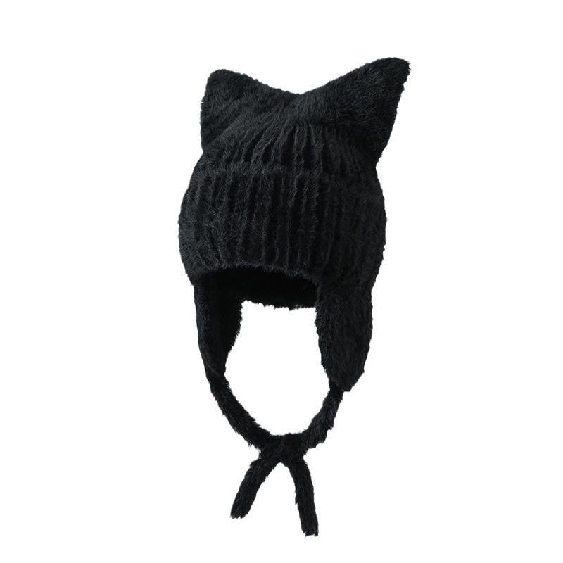 Korean BrandNew Hat for Women In FallSeason and ColdSeason Solid Color Knitted Wool Hat Cute Cat Ears ColdSeason Windproof Warm Ear Protection Hat